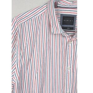 SISLEY Mens Slim Fit Red Blue Striped Button Down Long Sleeve Shirt Size 16 1/2‎